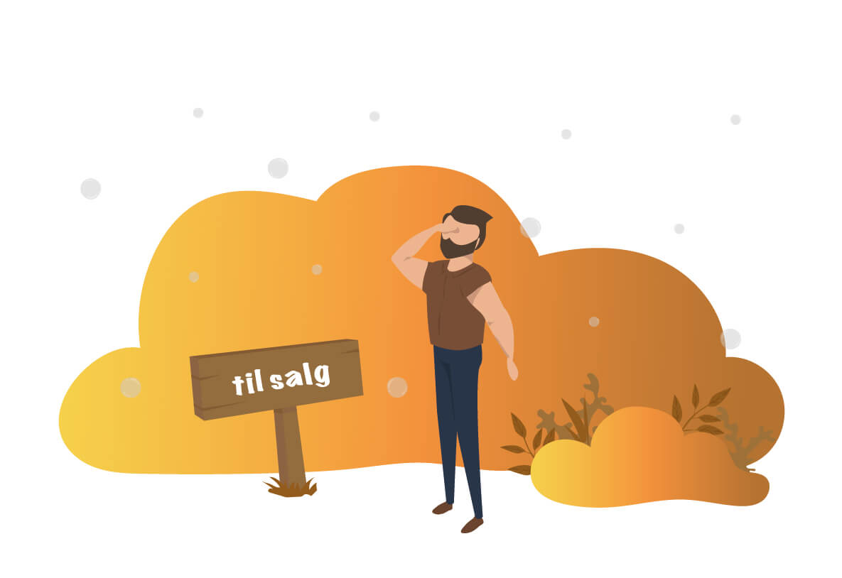 Morgan står og spejder efter kunder ved siden af sit til salg skilt