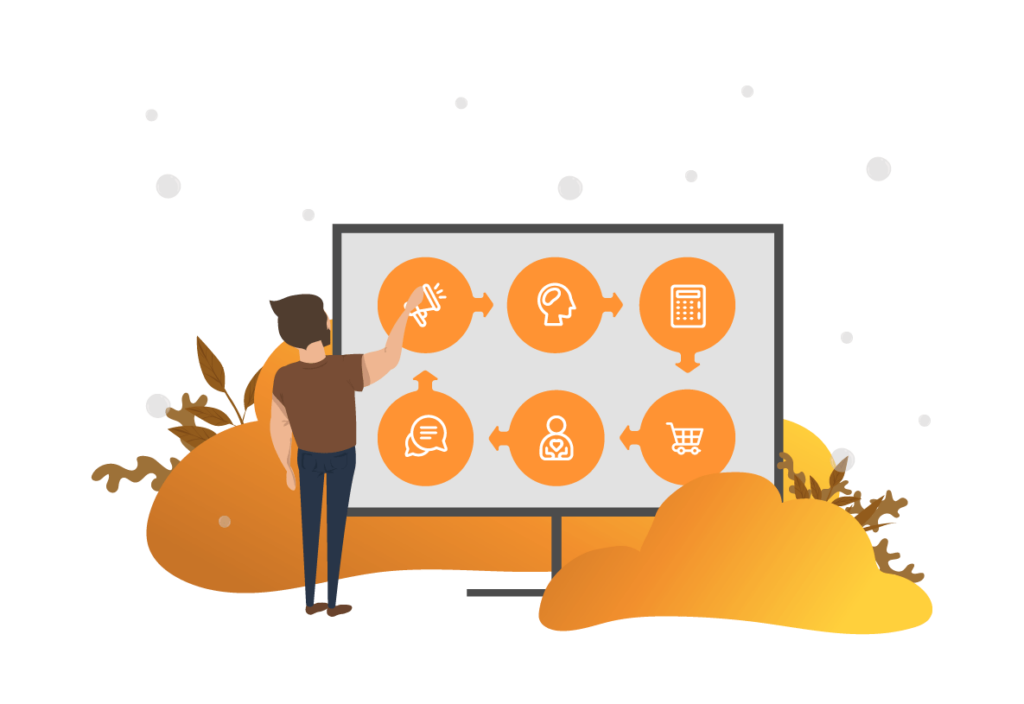 Morgan står ved en tavle hvor han har tegnet en kunderejse