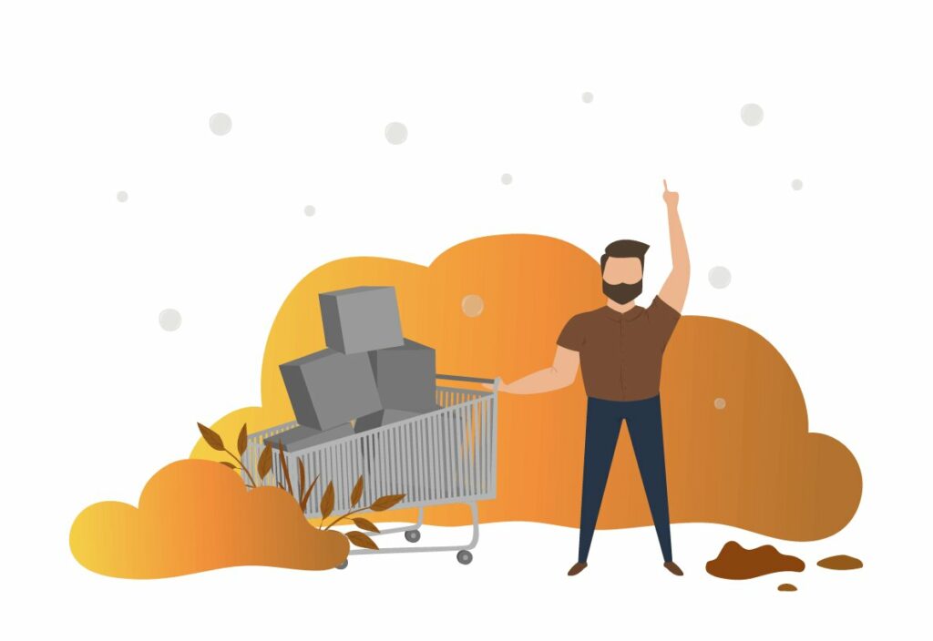 Morgan står med en fyldt indkøbsvogn