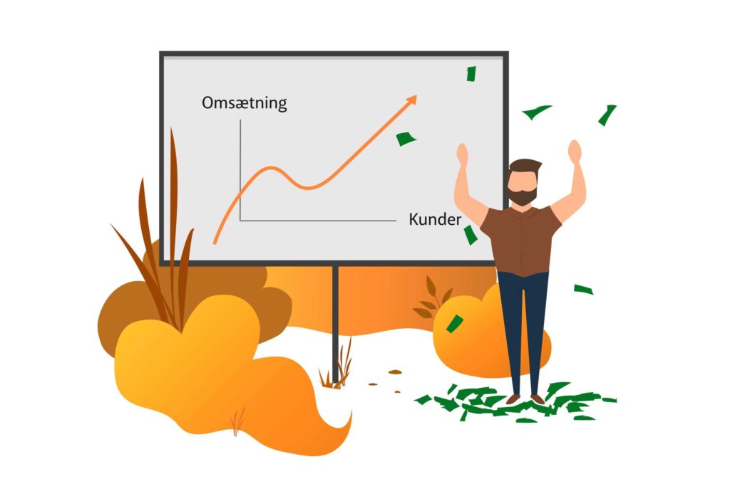 Morgan står ved en tavle med en graf der viser sammenhængen mellem kunder og omsætning