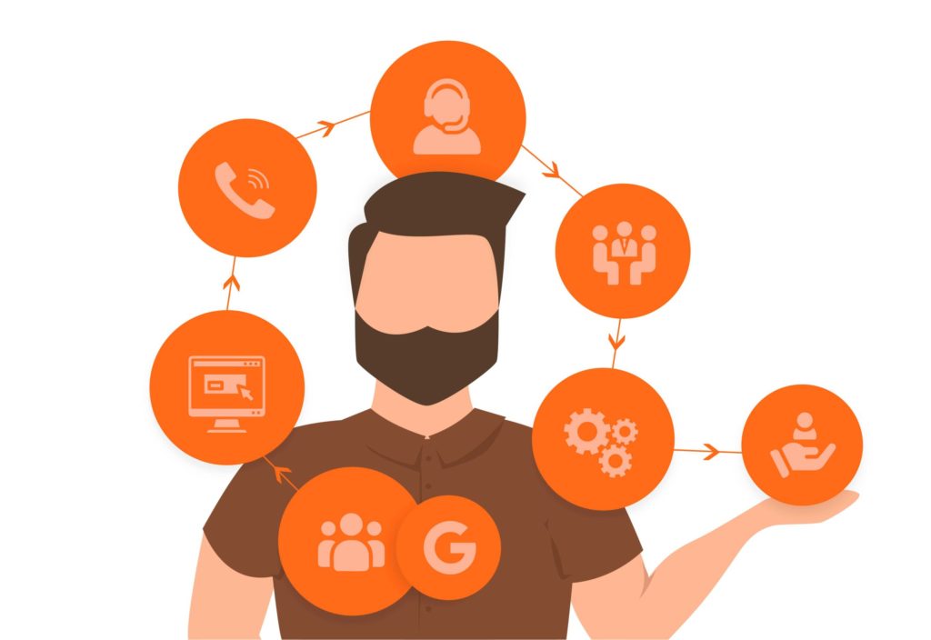 Morgan står med en illustration af processerne ved e-commerce