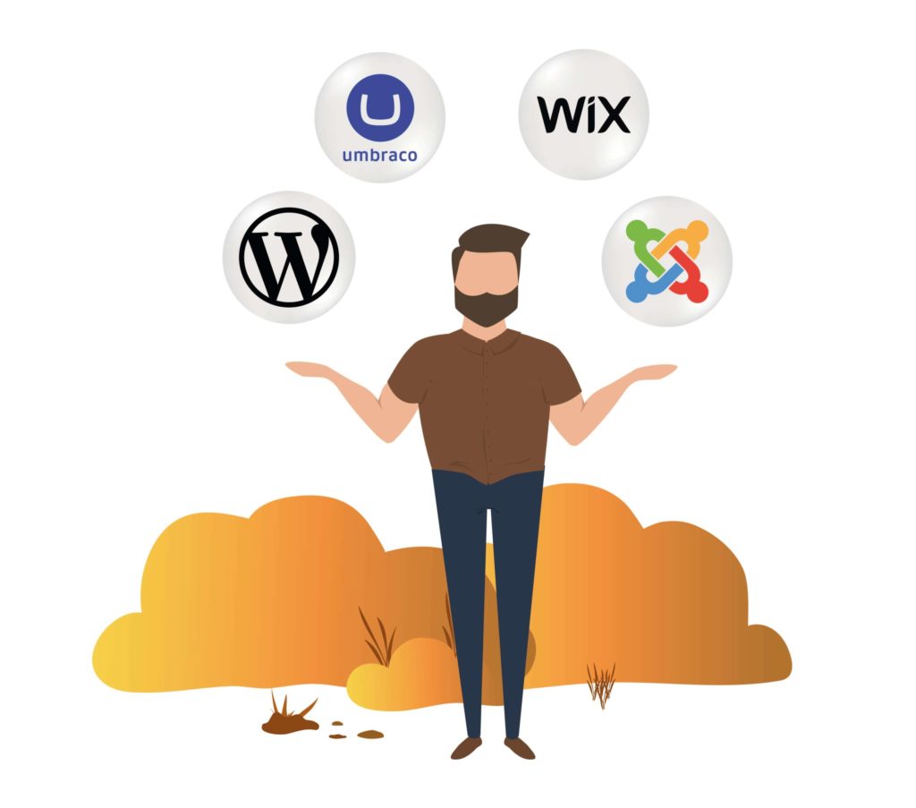 Morgan står med logoer fra forskellige CMSer