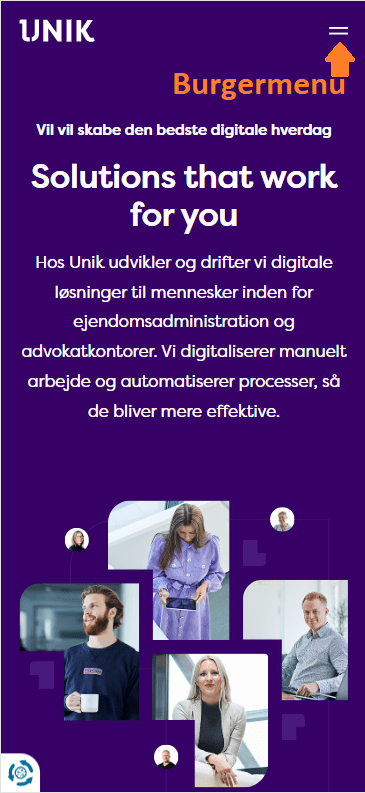 Mobil screenshot fra hjemmesiden UNIK
