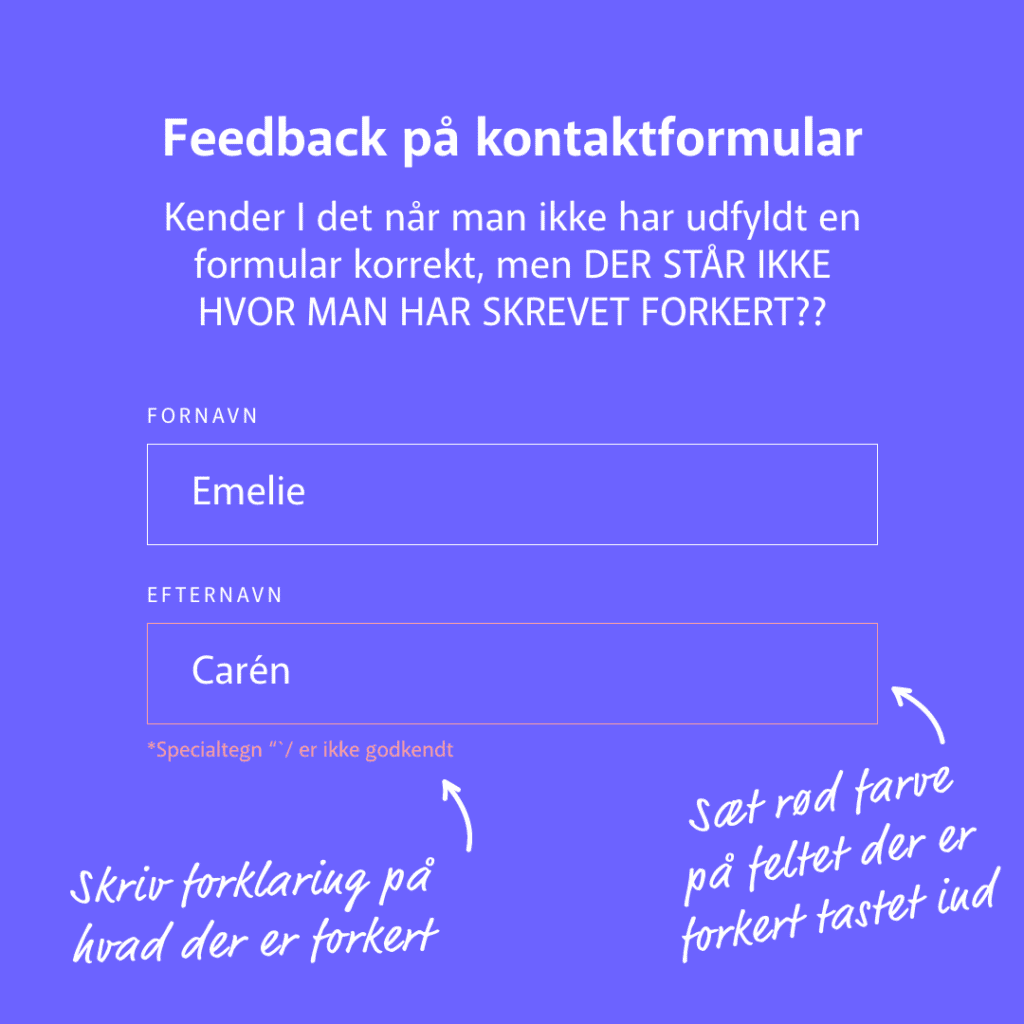 Billede der illustrerer tekstfelt med feedback på forkert indtastning