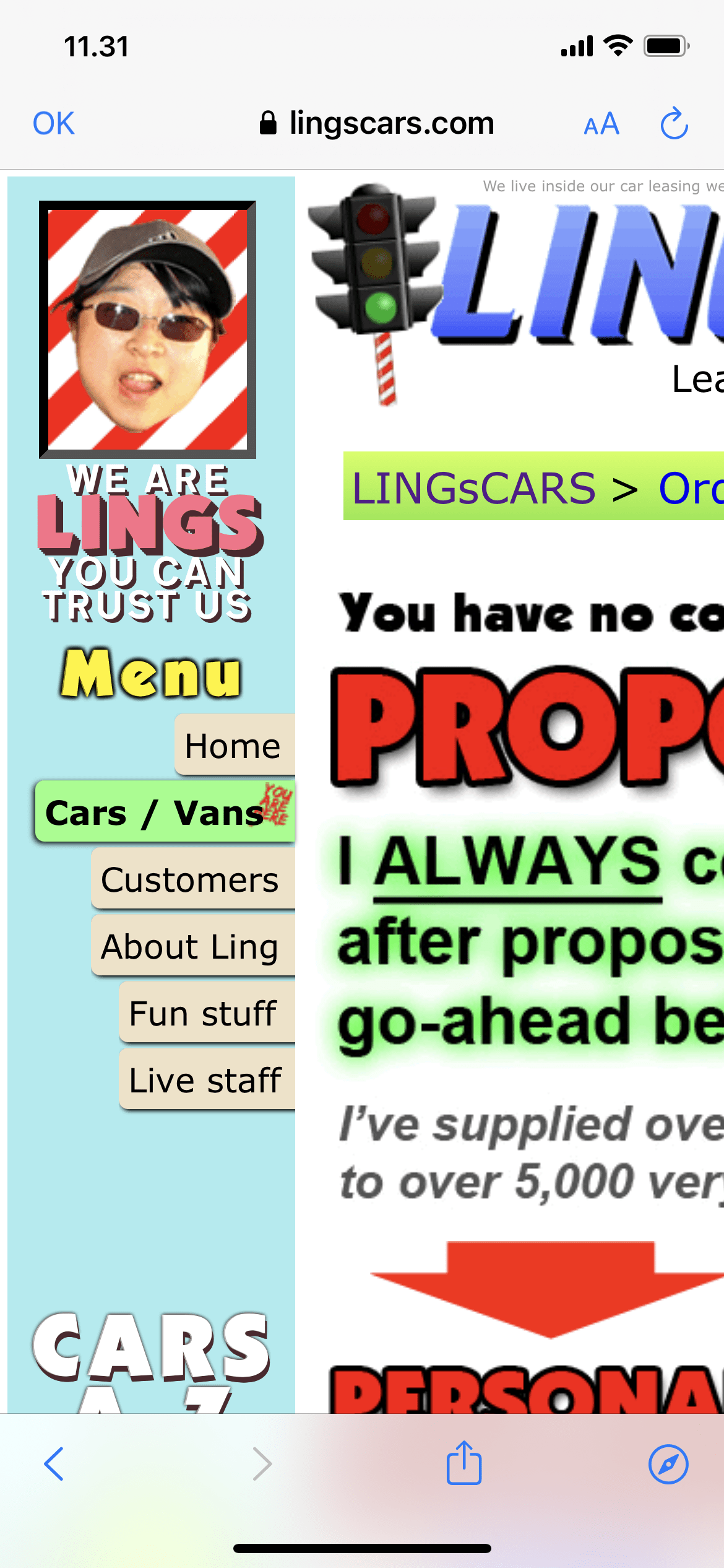 Screenshot af hjemmeside med dårligt design der ikke er responsivt