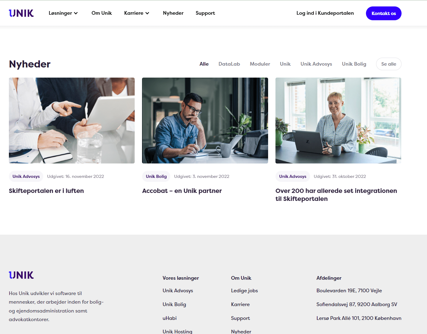 Desktop screenshot fra hjemmesiden UNIK