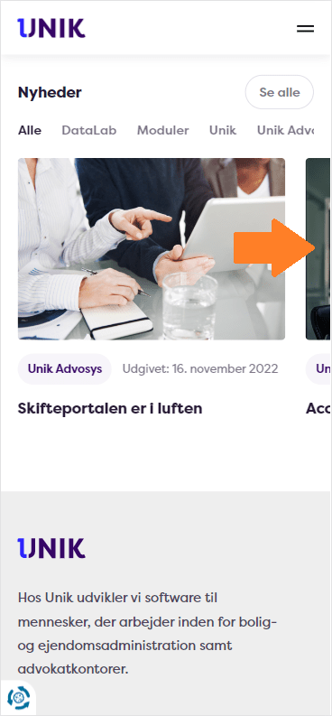 Mobil screenshot fra hjemmesiden UNIK