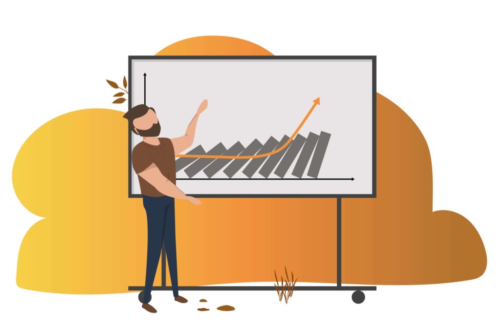 Morgan står ved en tavle der illustrerer en dominoeffekt og en kurve