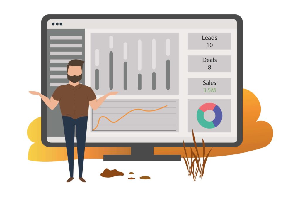 Morgan står med et CRM dashboard bag sig